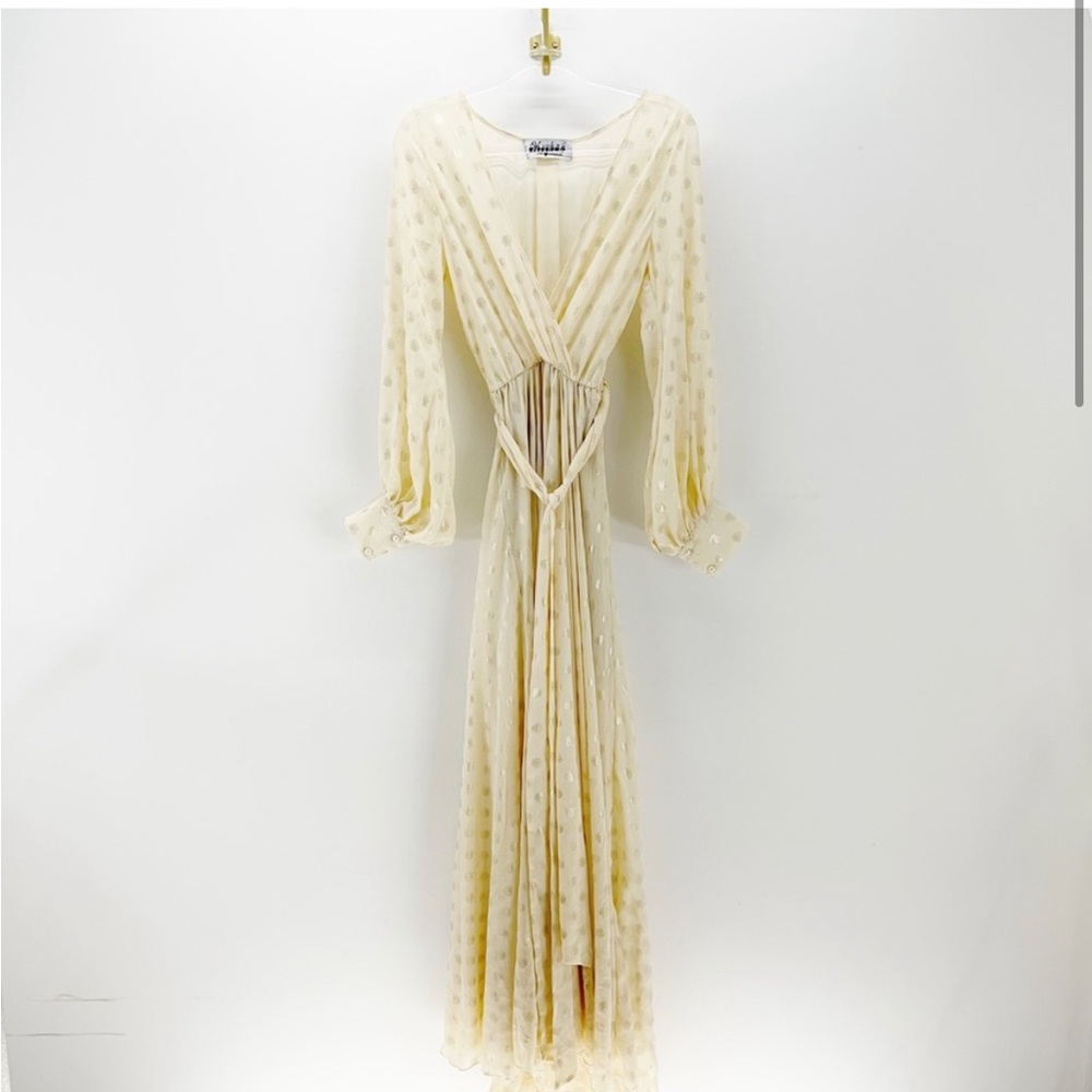 MEGHAN Los Angeles cream gold polka dot maxi dress long sleeved event wedding S